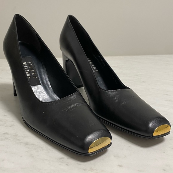 Stuart Weitzman Square Toe Gold Toe Heels - Picture 1 of 3